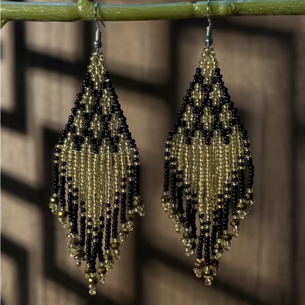 Black and Gold Chandelier Earrings with Intricate Beadwork